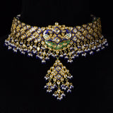 Necklace (chick) and Earring pair in peacock meena in 18k gold and uncut diamond. - KMNE3101