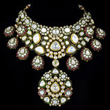 Necklace and  earring pair in 18k gold and big  uncut diamonds and colour stones. - KMNE3148
