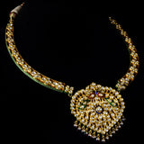 Necklace with peacock design meena and jhoomki pair in 18k gold with diamond polki.The peacock Meena necklace and jhoomki pair is a stunning set of jewelry that is sure to turn heads. - kmne3185