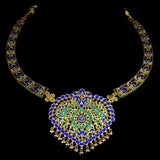 Necklace with peacock design meena and jhoomki pair in 18k gold with diamond polki.The peacock Meena necklace and jhoomki pair is a stunning set of jewelry that is sure to turn heads. - kmne3185