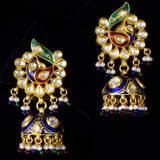 Necklace with peacock design meena and jhoomki pair in 18k gold with diamond polki.The peacock Meena necklace and jhoomki pair is a stunning set of jewelry that is sure to turn heads. - kmne3185