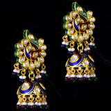 Necklace with peacock design meena and jhoomki pair in 18k gold with diamond polki.The peacock Meena necklace and jhoomki pair is a stunning set of jewelry that is sure to turn heads. - kmne3185