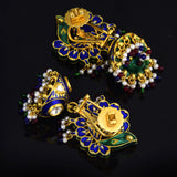 Necklace with peacock design meena and jhoomki pair in 18k gold with diamond polki.The peacock Meena necklace and jhoomki pair is a stunning set of jewelry that is sure to turn heads. - kmne3185