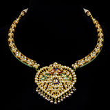 Necklace with peacock design meena and jhoomki pair in 18k gold with diamond polki.The peacock Meena necklace and jhoomki pair is a stunning set of jewelry that is sure to turn heads. - kmne3185