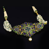 Small ard necklace and earring pair in 18k gold and uncut diamond in green enameled work. - KMNE3206