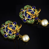 Small ard necklace and earring pair in 18k gold and uncut diamond in green enameled work. - KMNE3206