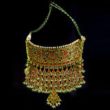 Elevate your elegance with our exquisite Green Meena Ard necklace, adorned with shimmering diamond polki and lustrous pearls. A timeless treasure for every occasion.(KMNE3291)