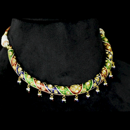 Heritage Meenakari Hasli Set Celebrate timeless craftsmanship with this multicolour enamelled hasli necklace and  earrings with diamond polki and delicate pearl accents—an exquisite expression of traditional royal elegance.(KMNE3356)