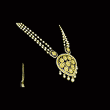 Elegant long necklace featuring rich blue enamel detailing, adorned with gold and uncut diamond polki floral motifs, gracefully strung with lustrous pearls in gold wire, creating a timeless blend of tradition and sophistication. (KMNE3371)