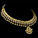 Blue Meena necklace set, intricately adorned with gleaming diamond polki and lustrous pearls. A fusion of tradition and sophistication.(KMNE3378)