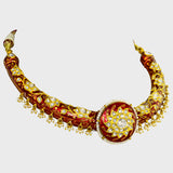Traditional Red Meena Bore Hasli with Jhoomki Pair, Adorned with Diamond Polki and Pearls (KMNE3414)