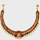 Traditional Red Meena Bore Hasli with Jhoomki Pair, Adorned with Diamond Polki and Pearls (KMNE3414)