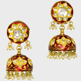 Traditional Red Meena Bore Hasli with Jhoomki Pair, Adorned with Diamond Polki and Pearls (KMNE3414)