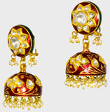 Traditional Red Meena Bore Hasli with Jhoomki Pair, Adorned with Diamond Polki and Pearls (KMNE3414)