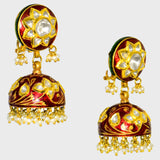 Traditional Red Meena Bore Hasli with Jhoomki Pair, Adorned with Diamond Polki and Pearls (KMNE3414)