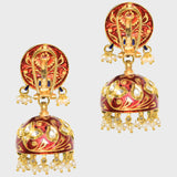 Traditional Red Meena Bore Hasli with Jhoomki Pair, Adorned with Diamond Polki and Pearls (KMNE3414)