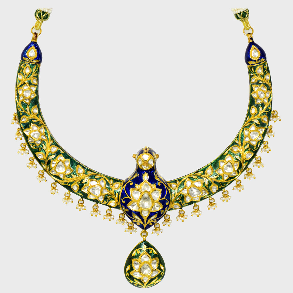 Experience the Beauty of Tradition with this Peacock Design Hasli Necklace and Earring Pair - (KMNE3422)