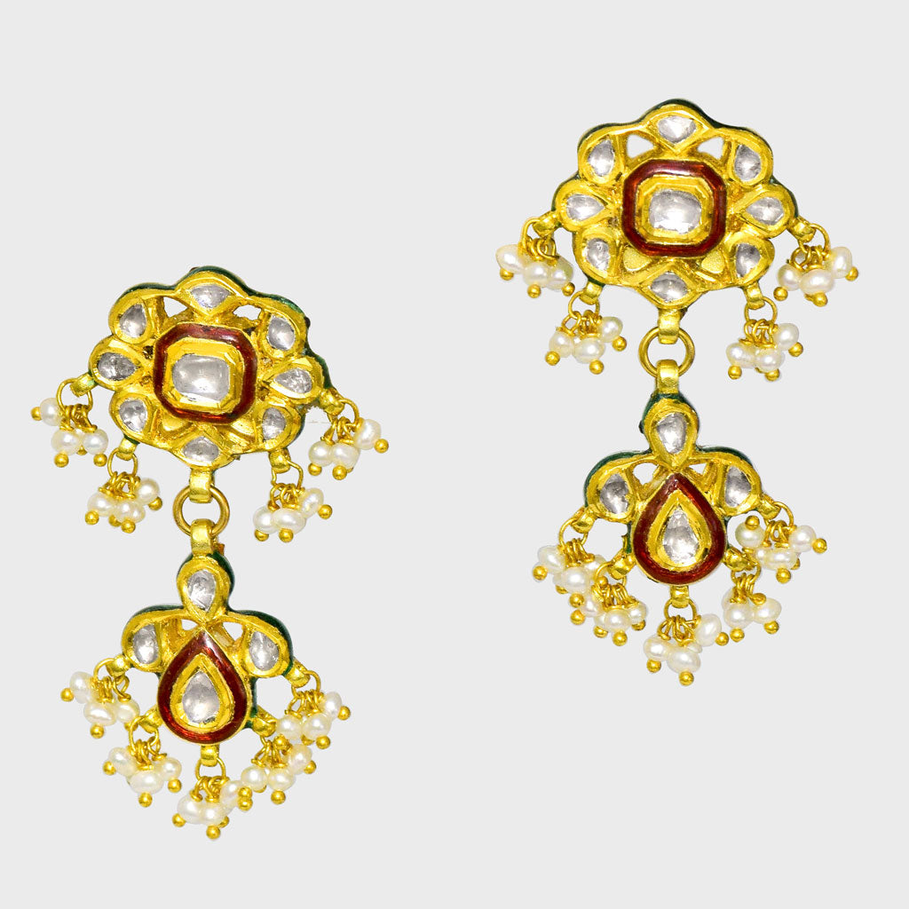 Radiant Red Enameled Small Choker Necklace and Earring Set with Diamond Polki and Pearls - (KMNE3440)