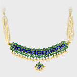 Radiant Red Enameled Small Choker Necklace and Earring Set with Diamond Polki and Pearls - (KMNE3440)
