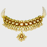 Radiant Red Enameled Small Choker Necklace and Earring Set with Diamond Polki and Pearls - (KMNE3440)