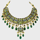 Embrace Opulence: Introducing our Green Meena Big Necklace and Earring Pair - (KMNE3442)