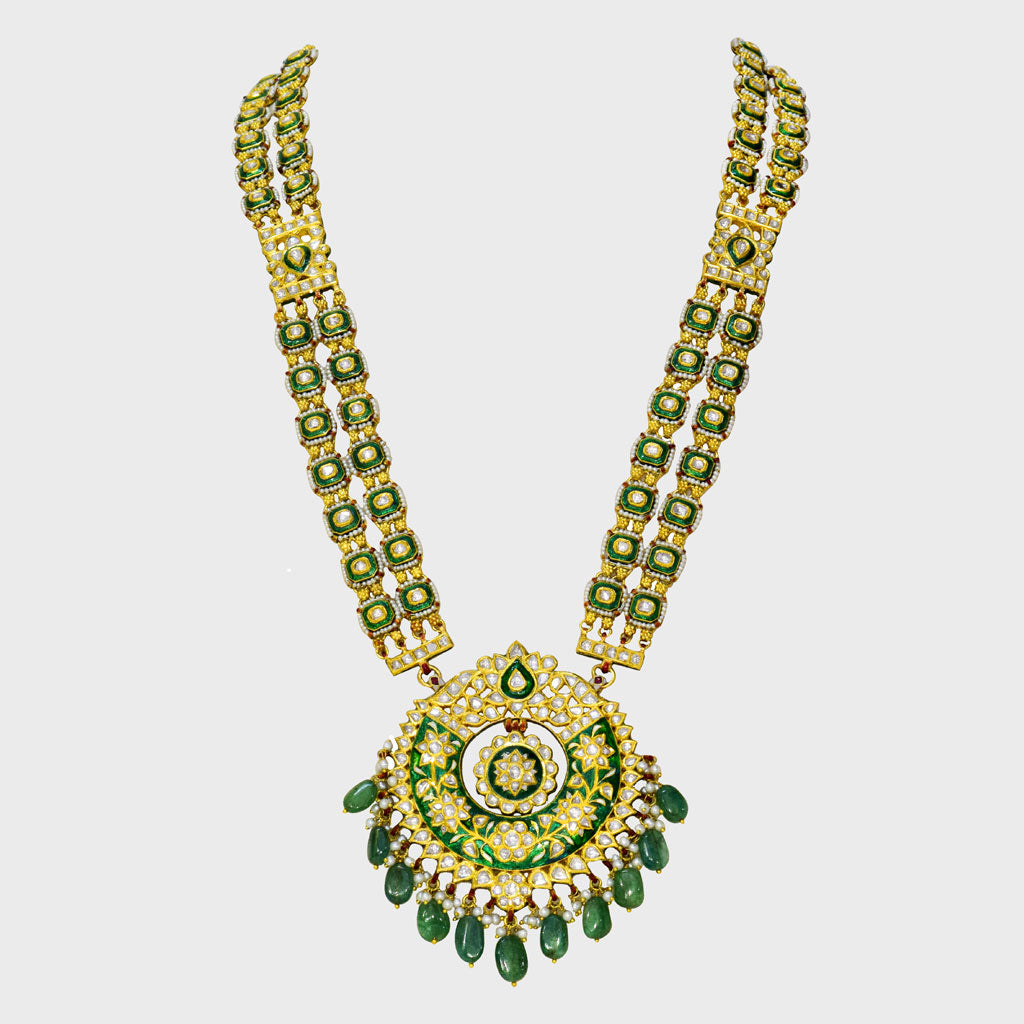 Embrace Tradition: Adorn yourself with our exquisite Green Enameled Rani Haar and Earring Pair - (KMNE3451)