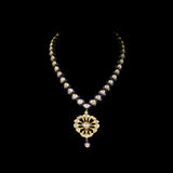 Elegant single-line necklace with matching earrings, featuring a delicate pendant, blue enameled detailing, and sparkling diamond Polki. A perfect fusion of tradition and style for graceful, standout occasions.(KMNE3466) + (kme2332)