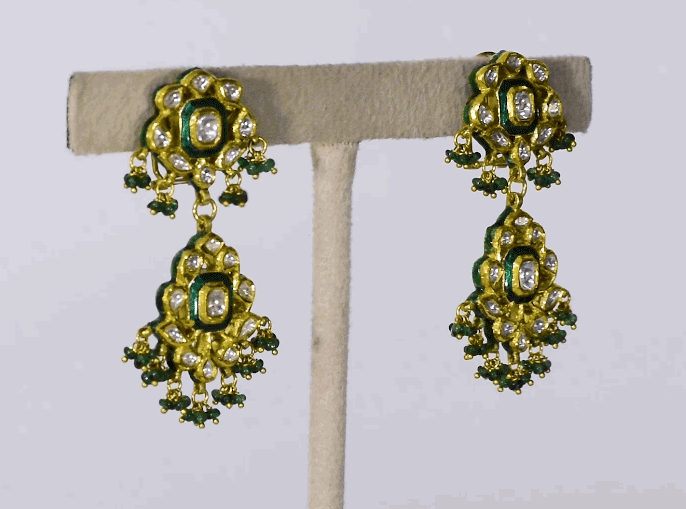 Exquisite traditional green Meenakari necklace and earring set, adorned with dazzling diamond Polki and elegant emerald bead hangings - KMNE3525