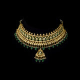 Royal Green Meenakari Polki Set A majestic green meenakari necklace with diamond polki, emerald bead and pearl hangings, paired with elegant earrings for timeless bridal grandeur and royal sophistication.(KMNE3568)