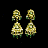 Royal Green Meenakari Polki Set A majestic green meenakari necklace with diamond polki, emerald bead and pearl hangings, paired with elegant earrings for timeless bridal grandeur and royal sophistication.(KMNE3568)