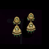 Royal Green Meenakari Polki Set A majestic green meenakari necklace with diamond polki, emerald bead and pearl hangings, paired with elegant earrings for timeless bridal grandeur and royal sophistication.(KMNE3568)