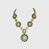 Make a bold statement with this stunning fusion-style necklace set, featuring a dazzling blend of diamond polki, round diamonds, and rich emerald beads. A perfect mix of tradition and modern glamour.(KMNE3592)