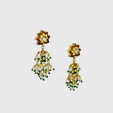 Celebrate tradition with this vibrant multi-color enameled long necklace and earring pair, adorned with uncut diamonds and pearls. Featuring intricate fish design links and a majestic peacock pendant. (KMNE3605)