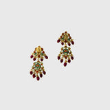 Beautiful red enameled flower design necklace and earrings set with sparkling uncut diamond polki, strung with ruby maniya and pearls. Perfect to add a touch of tradition and elegance to any special occasion.(KMNE3608)