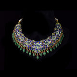 Royal Polki Bridal Necklace Set A magnificent diamond polki necklace featuring ruby detailing, emerald bead hangings, and matching statement earrings—crafted for timeless bridal elegance with regal heritage appeal.(KMNE3643)