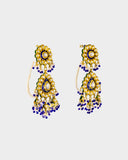 A traditional blue meena choker necklace and earring set adorned with hand-set diamond polki and strung with luminous pearls. Blending heritage enamel artistry with timeless elegance, it’s perfect for weddings and festive occasions. (KMNE3677)