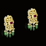 A fusion Navratan choker featuring polki diamonds in gold, highlighted with a central ruby, multicolored gemstones, intricate pearl detailing, and cascading emerald drops—paired with statement earrings for a rich, regal presence. (KMNE3719)