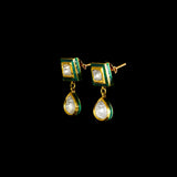 A refined single-line gold necklace set featuring polki diamonds with green enamel detailing, accented by delicate pearl hangings, paired with matching earrings—perfectly blending traditional elegance with understated, modern sophistication. (KMNE3722)