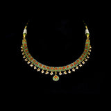 A refined single-line gold necklace set featuring polki diamonds with green enamel detailing, accented by delicate pearl hangings, paired with matching earrings—perfectly blending traditional elegance with understated, modern sophistication. (KMNE3722)