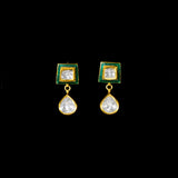 A refined single-line gold necklace set featuring polki diamonds with green enamel detailing, accented by delicate pearl hangings, paired with matching earrings—perfectly blending traditional elegance with understated, modern sophistication. (KMNE3722)
