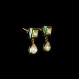 A refined single-line gold necklace set featuring polki diamonds with green enamel detailing, accented by delicate pearl hangings, paired with matching earrings—perfectly blending traditional elegance with understated, modern sophistication. (KMNE3722)