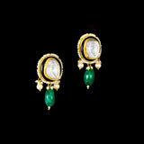 A majestic choker showcasing large polki diamonds set in striking green-enamelled gold, layered with intricate detailing, finished with cascading emerald drops and pearl fringes—opulent, bold, and exquisitely regal. (KMNE3724)