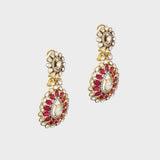 An exquisite fusion-style necklace set featuring sparkling Polki diamonds, brilliant round diamonds, and rich ruby accents, crafted in a bold heavy design to create a luxurious statement with timeless elegance and royal charm. (KMNE3727)