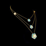 A graceful layered necklace set featuring firoza enamelled detailing, accented with polki and round diamonds, paired with matching earrings and delicate gold chain stringing for a refined, contemporary yet timeless elegance. (KMNE3728)