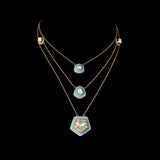 A graceful layered necklace set featuring firoza enamelled detailing, accented with polki and round diamonds, paired with matching earrings and delicate gold chain stringing for a refined, contemporary yet timeless elegance. (KMNE3728)