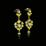 An elegant gold necklace set featuring polki diamonds with blue enamel detailing, accented by emerald maniya and delicate pearl hangings, offering a graceful blend of tradition and refined contemporary luxury. (KMNE3739)