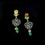 An elegant gold necklace set featuring polki diamonds with blue enamel detailing, accented by emerald maniya and delicate pearl hangings, offering a graceful blend of tradition and refined contemporary luxury. (KMNE3739)