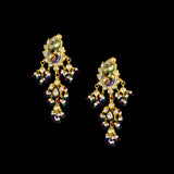 Grand statement necklace and earring pair featuring intricate peacock meenakari in vibrant hues, adorned with uncut diamond polki, highlighted by cascading multicolor beads with pearls, reflecting regal artistry and timeless bridal elegance. (KMNE3743)