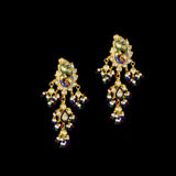 Grand statement necklace and earring pair featuring intricate peacock meenakari in vibrant hues, adorned with uncut diamond polki, highlighted by cascading multicolor beads with pearls, reflecting regal artistry and timeless bridal elegance. (KMNE3743)