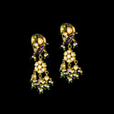 Exquisite gold necklace and earring set featuring uncut diamond polki, peacock meenakari in blue and green, and delicate pearls, blending royal heritage craftsmanship with timeless elegance for statement occasions. (KMNE3746)